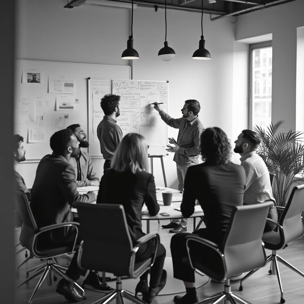 Equipo de consultores en una sesión de brainstorming estratégico.