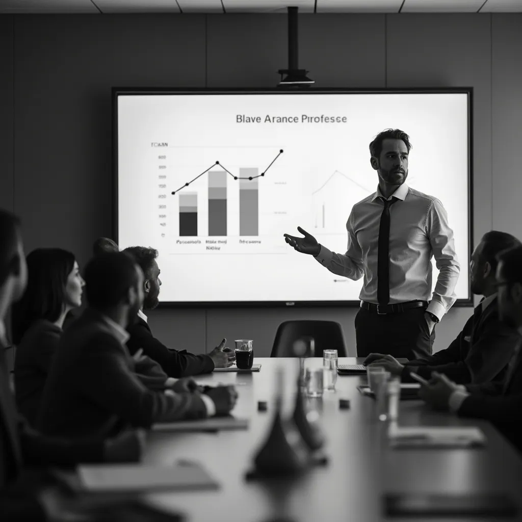 Consultor presentando resultados a un cliente en una sala de reuniones.